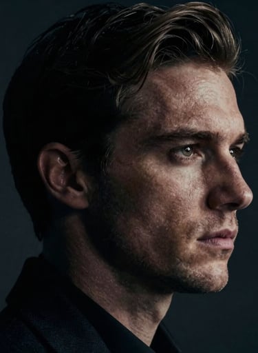 A close-up cinematic portrait of Julian Vance, side profile in chiaroscuro lighting, deep #0F0F0F shadows, subtle #A8A8A8 skin texture, intense and professional.