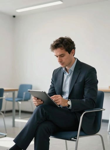A photograph of a North American / US professional engaging with a tablet in a bright office lounge, with cloud white walls and minimalist steel blue furniture.