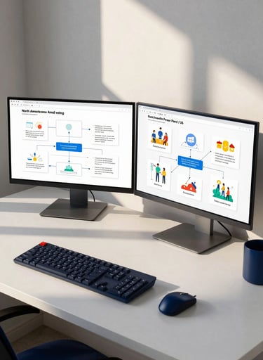 A wide shot of a North American / US workspace with a dual monitor setup showing a combination of instructional flowcharts and colorful illustrations, soft morning light, featuring Pale Cloud White and Dark Navy Blue desk accessories.