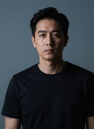 A professional portrait of a subject in a minimalist slate blue studio setting. The lighting is sophisticated and refined, creating a moody, elegant atmosphere with deep charcoal shadows.