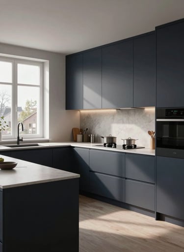 A photorealistic 3D interior visualization of a contemporary kitchen. Features Dark Navy minimalist cabinetry and Pale Mist countertops. Natural light from a large window in a Northern European / Baltic apartment, soft shadows, high-end finish.