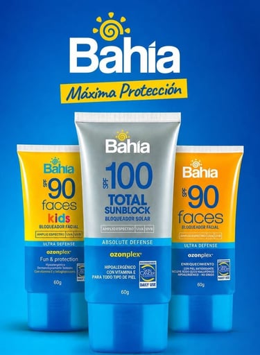 Tubos de protector solar facial y corporal Bahia para niños y adultos FPS 90 y 100 sobre fondo azul