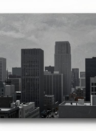 An abstract urban landscape painting using a palette of grey and dark charcoal, capturing a sense of silence and solitude in a modern North American city context.