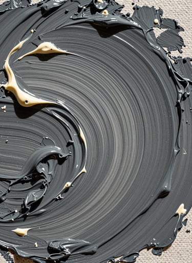 A macro close-up photograph of heavy oil paint texture on a canvas. Swirls of charcoal and warm grey mix with highlights of cream. The lighting is directional to show the three-dimensional quality of the paint strokes.