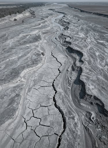 A stark, high-contrast aerial photograph of a dry, cracked riverbed stretching toward the horizon. The earth is a desaturated #B0BEC5 grey-blue, with deep #263238 shadows in the crevices. The composition is clean and modern, emphasizing environmental impact.