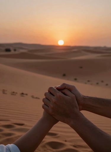 A close-up cinematic shot of a family's hands joined together during a sunset in a Middle Eastern / Gulf desert resort. The lighting features deep burnt terracotta and warm charcoal shadows. Spontaneous and emotional atmosphere.