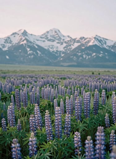 A field of purple lupines stretching toward snow-capped North American / US mountains, soft morning light, sage and mint green palette, serene and simple composition.