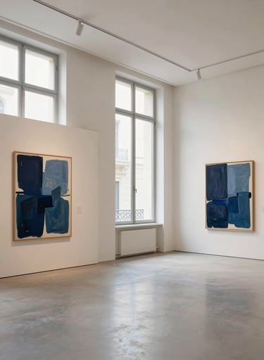 Wide shot of a minimalist European / French art gallery with large windows. Abstract paintings with deep navy and muted slate blue tones hang on soft ivory walls, creating an inspiring community space.
