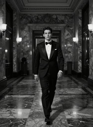 Wide cinematic shot of a person in elegant evening attire walking through a dark, high-ceilinged marble hall, dramatic lighting, black and white, Global / Hispano context, sophisticated mood.