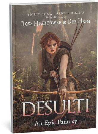 Cover of Desulti, an epic fantasy novel featuring a female archer with a bow in a misty forest.