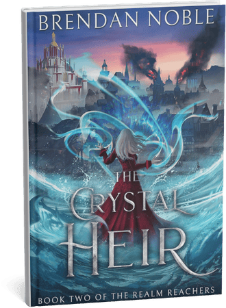 Fantasy novel cover for The Crystal Heir by Brendan Noble featuring a mage casting blue magic.