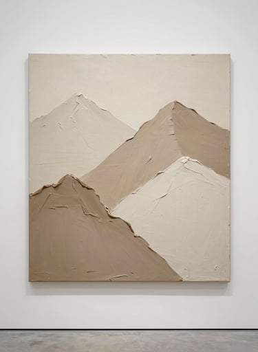 A large, minimalist mixed-media painting hanging on a clean white gallery wall. The artwork features dramatic peaks of textured molding paste in soft beige and sandy tones, creating a sophisticated 3D effect in a modern Western interior.
