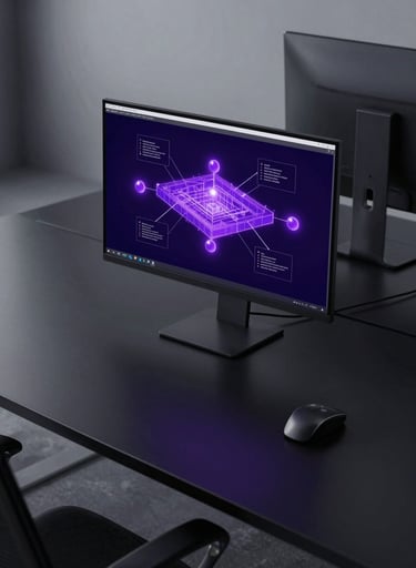 Wide overhead view of a clean tech workspace: a single monitor displaying a glowing purple architecture flow diagram with node connections, cool studio lighting, near-black desk surface, no humans visible