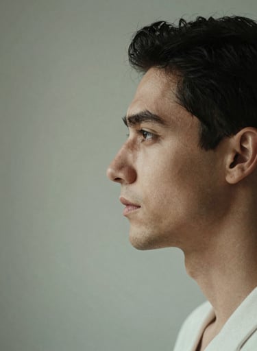 A minimalist portrait focusing on a man's profile in soft daylight. The lighting creates a gentle contrast between muted sage green shadows and soft off-white highlights. Elegant and professional artistic photography.