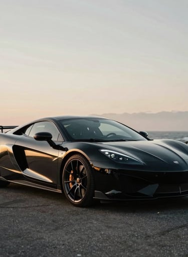 A sleek black luxury sports car parked in a North American / US coastal setting, muted champagne gold highlights on the bodywork, cinematic high-fashion style.