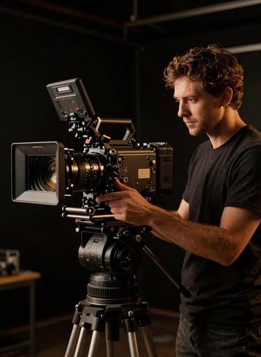 A professional filmmaker operating a high-end cinema camera in a North American / US studio, low-key lighting with deep midnight black shadows and antique gold highlights.