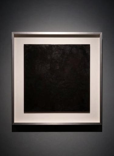 Abstract minimalist photography of a single square frame hanging on a dark grey wall in a European art gallery, dramatic spot lighting.