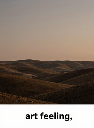 An evocative landscape photograph capturing the essence of a painting. A wide horizon with rolling hills at dusk, bathed in a soft glow of muted brown and warm taupe. The atmosphere is serene and powerful, celebrating the art of feeling.