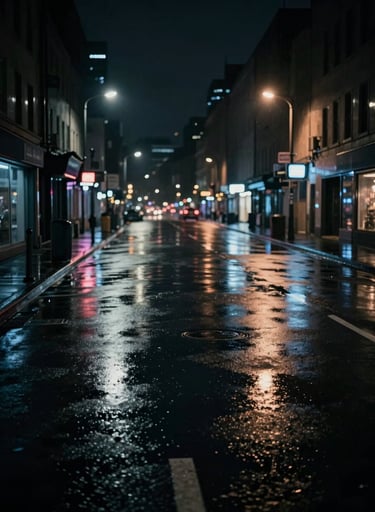 Cinematic wide shot of a rainy city street at night, wet asphalt reflecting neon lights in obsidian black and midnight slate tones. Edgy, urban atmosphere with deep shadows.