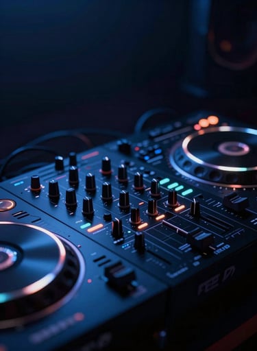 An artistic shot of a professional DJ mixer in a dark studio. The faders and knobs are highlighted by sharp #7A7CF1 neon lights, creating deep shadows in the #0A0A0F environment. High-quality, sophisticated nightlife gear focus.