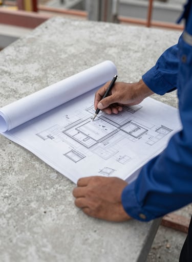 A close-up photograph of a Southeast Asian / Indonesian engineer's hands holding a modern technical blueprint over a clean concrete surface at a construction site. The lighting is bright and professional, utilizing a palette of silver and deep blue tones to convey expertise.