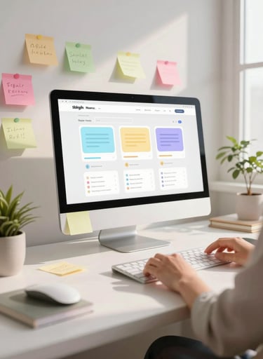 A bright, luminous workspace with pastel post-it notes and sketches of interface layouts. Soft sunlight coming from a window, emphasizing a warm and creative design process.