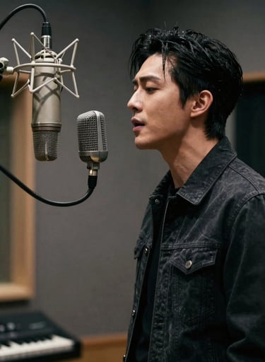 A cinematic, side-profile portrait of a male musician wearing a dark modern jacket, singing into a vintage studio microphone. The lighting is dramatic and moody with deep gray and off-white accents, captured in a professional North American recording studio environment.