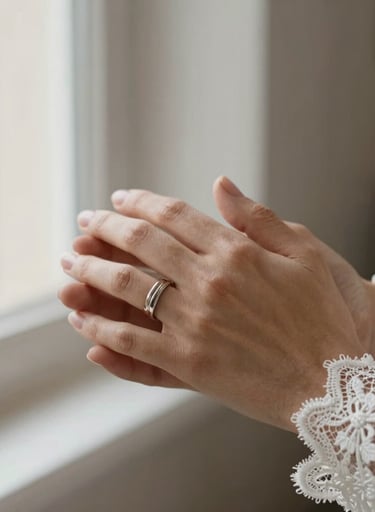 Emotional close-up photography of a Middle Eastern / Turkish couple's hands intertwined, wearing wedding bands. Soft morning light coming through a window, highlighting the texture of the white bridal lace. Warm and inviting mood.