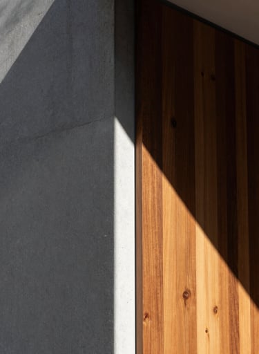 A close-up shot of architectural textures in a modern South American / Brazilian home. Rough grey concrete meets smooth, warm tropical wood paneling. A sharp vertical beam of natural sunlight creates a high-contrast shadow line across the surfaces. Deep black and pure white tones dominate the composition.