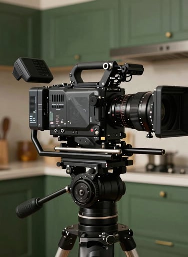 A professional cinema camera on a gimbal, positioned in a high-end Middle Eastern artisanal kitchen, matte forest green and black tones, soft cinematic lighting, professional production atmosphere.