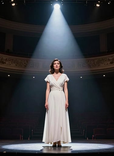 A full-scale production photograph from a North American opera house, showing a mezzo-soprano lead standing center stage under a single dramatic spotlight.