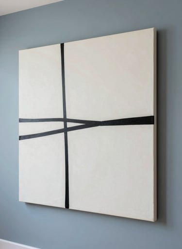 A large canvas of contemporary art hanging on a light steel blue wall. The painting consists of minimalist rich black lines and off-white shapes. The scene is a high-end Latinoamericano / Español residential interior with modern architecture.