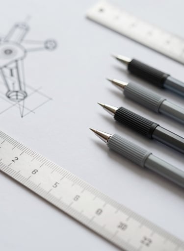 An abstract composition of architectural drafting tools, including a scale ruler and fine-liner pens, laid out neatly on a #F7F9FB surface.