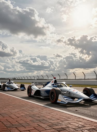 A majestic wide-angle photograph of an IndyCar field crossing the yard of bricks at a famous North American / US speedway. The sky is a dramatic mix of light gray and bright light, highlighting the sleek lines of the open-wheel racers. High-end editorial style.
