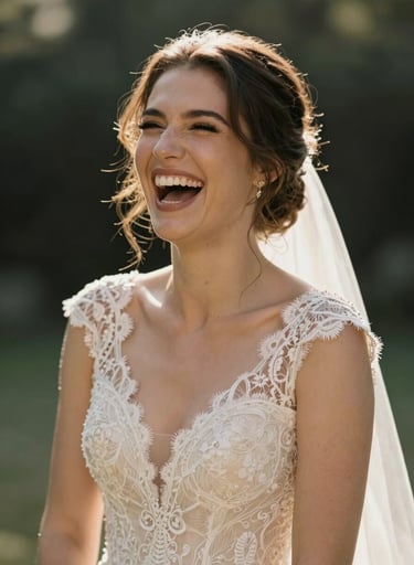 A candid portrait of a bride laughing heartily, her face backlit by warm sun-drenched light, wearing a soft off-white lace gown.