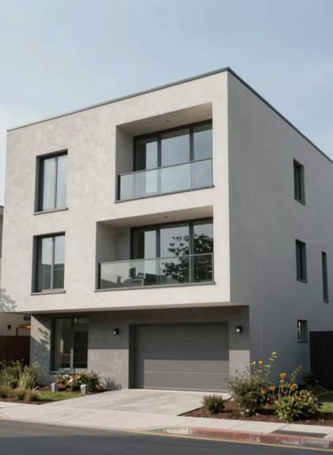 Daytime shot of a brutalist-inspired residential house with clean lines and large windows, surrounded by minimalist landscaping, featuring #D9D2C7 and #2F2E2E.