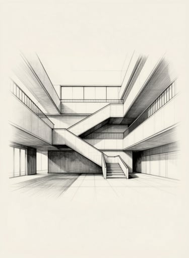 A minimalist, large-scale black and white architectural sketch of a building's interior staircase and atrium. The lines are precise and confident, emphasizing the play of light and shadow. The background is a soft beige paper texture. Mood: Sophisticated and intellectual.