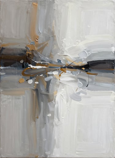 A sophisticated close-up of an original acrylic abstract painting on a textured canvas. The composition features elegant sweeps of warm charcoal and alabaster white, reflecting a clean and modern aesthetic. Professional studio lighting captures the rich textures of the paint.