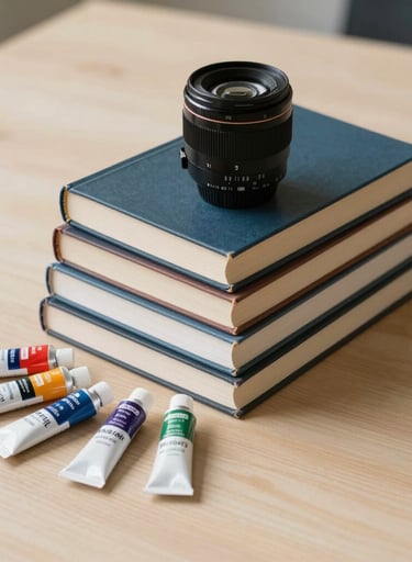 A still life photography piece featuring a stack of academic books and a set of professional paint tubes on a light beige wooden table.