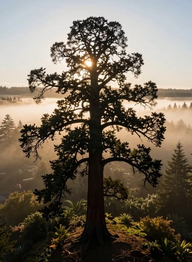 Aerial portrait of the South Eugene Sentinel sequoia, captured during the golden hour. The tree's silhouette is sharp against the misty Pacific Northwest landscape. High contrast, professional photography.