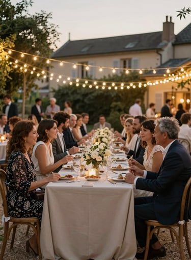 Wide angle cinematic shot of an outdoor French wedding dinner under golden fairy lights, guests interacting naturally in a warm beige setting, authentic lifestyle photography.