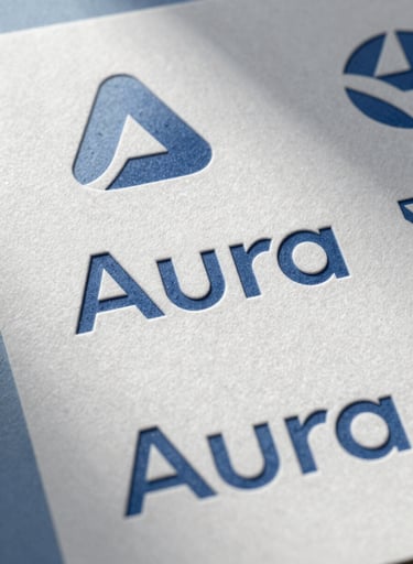 A vertical composition showcasing a series of logo variations for Aura. The logos are embossed on high-quality, textured cardstock in shades of #8D9FB5 and #ECF0F1. The lighting is directional, creating subtle shadows that emphasize the tactile print quality.