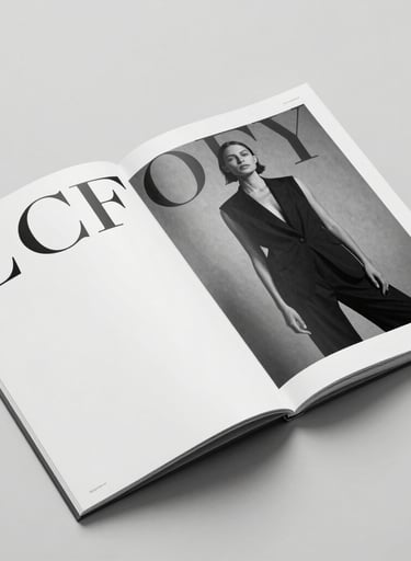 A high-fashion magazine spread with bold serif typography and black and white photography, laid flat on a light grey surface, #ECF0F1 and #0A1118.