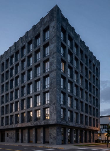 A wide architectural shot of a brutalist building facade at dusk. The building is cast in deep Charcoal Blue, with highlights in Dusty Slate under a darkening sky.