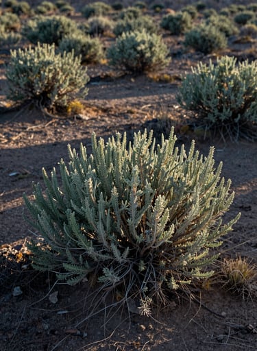 Close-up photography showing the rugged texture of sagebrush and parched earth in Northeast Nevada. Soft morning light casts long shadows across the terrain, highlighting the natural muted green and dark brown palette.