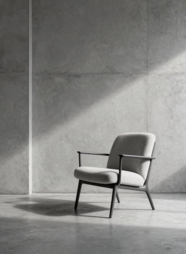 Minimalist photography of a monochromatic interior with smooth concrete walls and a single designer chair, elegant lighting casting soft shadows, North American / US studio.
