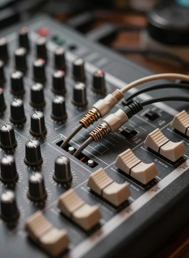 A close-up shot of an analog audio mixer with various cables plugged in haphazardly. The color palette features dark slate grey equipment with warm taupe accents and soft lighting that emphasizes the tactile, hands-on nature of the project.