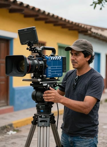 A professional cinematographer using a large shoulder-mounted camera to film a scene in a vibrant Latin American / Hispanic neighborhood, warm natural lighting, slate blue and dark charcoal color accents in the equipment.