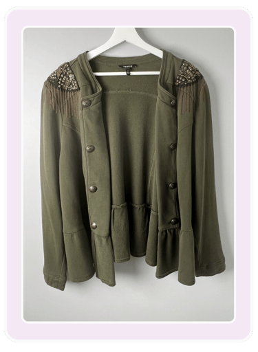 Torrid olive green military style jacket featuring beaded fringe epaulettes and metallic buttons.