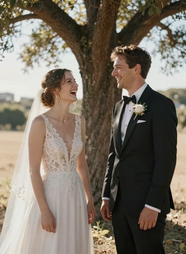 Spontaneous laughter between a bride and groom standing under a cork tree. Cinematic lighting with sun flares, soft sand-colored highlights, and authentic European styling.